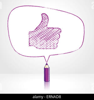 Crayon violet avec dessin réflexion Thumbs up symbole dans discours de forme irrégulière bulle sur fond pâle Banque D'Images