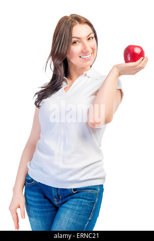 Portrait d'une fille avec des pommes mûres rouges sur fond blanc Banque D'Images