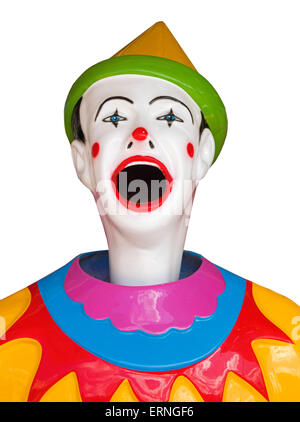 Visage de clown sideshow la bouche grande ouverte, rire blanc visage heureux, des vêtements colorés et hat against white background Banque D'Images