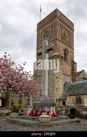 Coquelicot de gerbes au Monument commémoratif de la Grande Guerre en face de l'église St Mary vierge, Petworth, Sussex, Angleterre, Royaume-Uni. Banque D'Images