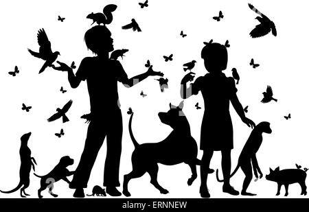 Silhouettes vecteur EPS8 modifiable d'un jeune garçon et fille entourée d'animaux avec tous les chiffres en tant qu'objets séparés Illustration de Vecteur