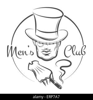 Mens logo du club ou de l'emblème. Homme de la hat fume un cigare. Isolé sur fond blanc monochrome. Seulement libre police utilisée. Illustration de Vecteur