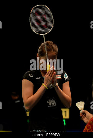 Jakarta, Indonésie. 6 juin, 2015. Ratchanok Intanon de la Thaïlande réagit au cours de la demi-finale dames à l'Open 2015 BCA l'Indonésie à Jakarta, Indonésie, le 6 juin 2015. Ratchanok Intanon a gagné 2-0. Il Crédit : Summer Palace/Xinhua/Alamy Live News Banque D'Images