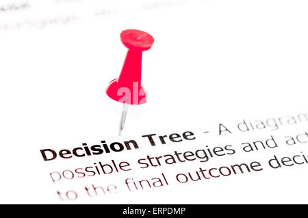 Arbre de décision mot épinglée sur du papier blanc avec copie disponible, punaise rouge l'espace. Concept d'affaires Banque D'Images