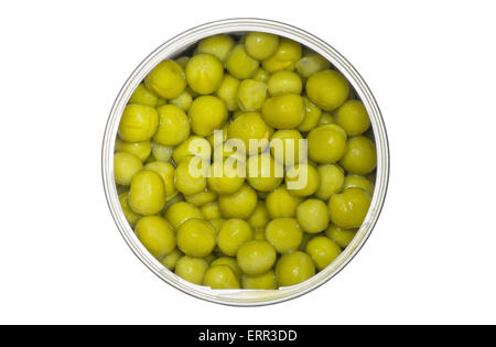 Tin avec les pois verts isolé sur un fond blanc. Banque D'Images