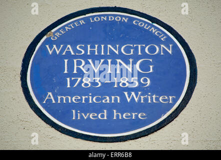 Blue plaque marquant un accueil de l'écrivain américain Washington Irving, Londres, Angleterre Banque D'Images