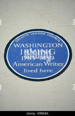 Blue plaque marquant un accueil de l'écrivain américain Washington Irving, Londres, Angleterre Banque D'Images