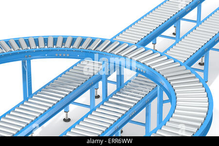 Résumé de l'ensemble des convoyeurs industriels bleu dans diverses directions. Banque D'Images