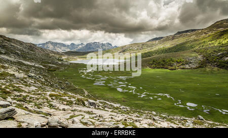 Vue sur Lac De Nino en Corse avec un ruisseau serpentant à travers une plaine verte Banque D'Images