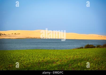 Dunes de sable blanc et du lac bleu, Mui Ne, Vietnam Banque D'Images