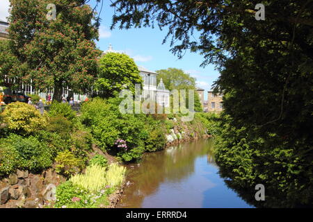 La rivière Wye serpente à travers les jardins bordant le pavillon hothouse (L) à Buxton, Derbyshire, Angleterre Banque D'Images