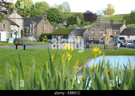 Le canard étang au centre de Hartington village dans le parc national de Peak District, Derbyshire, Angleterre Royaume-uni - été Banque D'Images