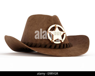 Chapeau de Cowboy avec badge de shérif isolé sur fond blanc Banque D'Images