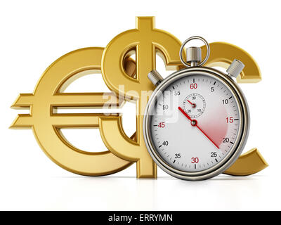 Chronomètre analogique, dollar, euro et symboles livre isolé sur fond blanc Banque D'Images