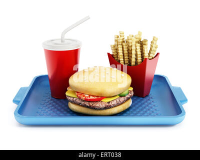 Hamburger, frites et soda sur plateau de fast food Banque D'Images