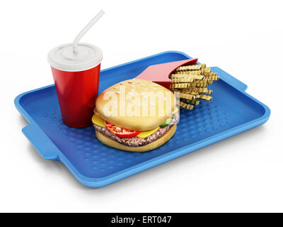 Hamburger, frites et soda sur plateau de fast food Banque D'Images