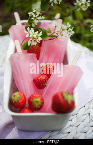 Sucettes rose avec des fraises fraîches Banque D'Images