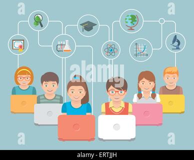 Télévision moderne vector illustration conceptuelle du groupe d'enfants avec les ordinateurs portables et de l'éducation d'icônes. Illustration de Vecteur