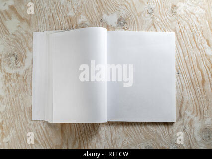 Livre blanc ouvert sur fond en bois clair avec des ombres douces. Modèle de conception de présentations et de portefeuilles. Vue d'en haut. Banque D'Images