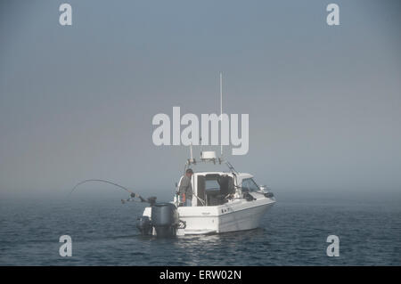 Pêcheur sportif en solo dans un bateau sur la côte ouest du Canada à la traîne du saumon avec de l'eau calme, ciel bleu et léger brouillard marin Banque D'Images