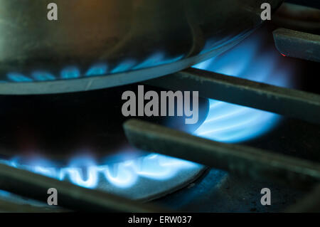 Le gaz naturel pour le chauffage et la cuisine ; l'image est un gros plan d'une flamme bleu vif de gaz utilisé pour chauffer ou cuire sur une gamme top dans un quartier résidentiel cuisine Banque D'Images