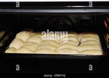 Pains provenant de la pâte sur une lèchefrite avant de cuire Banque D'Images