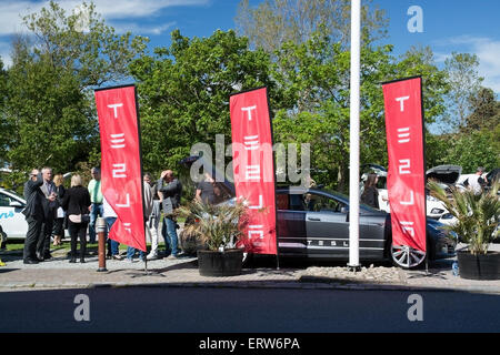 FALKENBERG, SUÈDE - 5 juin 2015 : Tesla sur l'énergie verte show à Falkenberg Strandbaden hotel le 5 juin à Falkenberg, Suède. Banque D'Images