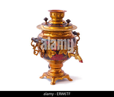 Samovar Russe décoratifs colorés avec khokholma la peinture. Isolé sur blanc. Banque D'Images