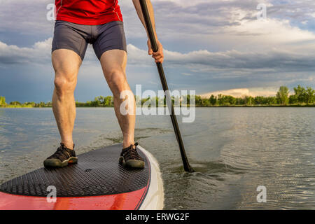 Les jambes de pagayeur mâle musculaire sur un stand up paddleboard - un lac calme en été Banque D'Images