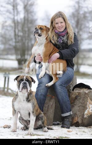 Les bulldogs avec femme Banque D'Images