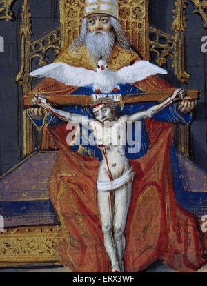 Trinity. Le père, le Fils (Jésus Christ), et l'Esprit Saint. Minitature de livre d'heures du xve siècle. La France. Banque D'Images