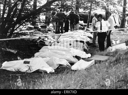 Polmont accident de train : le lundi 30 juillet 1984 un train express en direction ouest le 17:30 de service à Waverley Glasgow Queen Street. Après avoir passé l'intersection pour Stirling le conducteur du train John Tennant repéré une vache sur la ligne dans la coupe sur l'approche de la station haute de Falkirk et appliqué les freins d'urgence. Le train n'a pas réussi à arrêter à temps frapper la vache Ayrshire adultes. L'impact causé tout le train à dérailler. Les pertes sont principalement dans les deux premiers wagons et la plupart des décès étaient dus à des passagers d'être éjectés par les fenêtres ou touchés par d'autres passagers ou des objets Banque D'Images