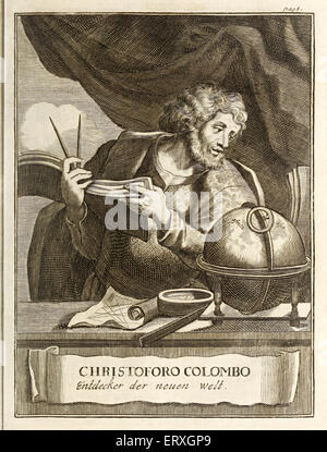 Christophe Colomb (1451-1506) avec des instruments de navigation (holding diviseur et graphiques, boussole, règle et globe sur le tableau). Gravure de H. Padtbrugge (1656-1687). Voir la description pour plus d'informations. Banque D'Images