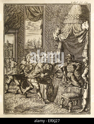 Vasco da Gama (1460s-1524) l'explorateur portugais arrive à Calicut, Kerala en Inde du Sud pour la première fois en 1498 et est reçu en audience devant le roi de Calicut, Zamorin. Vasco de Gama est le premier Européen à atteindre l'Inde par la mer, l'établissement d'une route maritime entre l'Europe et l'Asie et le Portugal accordant ainsi un monopole sur le commerce qui a duré un siècle. Gravure de H. Padtbrugge (1656-1687). Voir la description pour plus d'informations. Banque D'Images