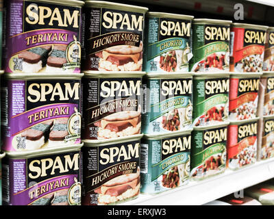 Pain de déjeuner d'épicerie, Spam Tins , Chinatown, NYC, Etats-Unis Banque D'Images