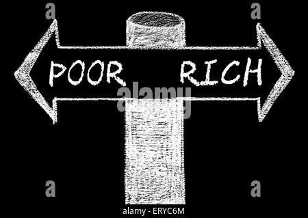 Flèches opposées aux pauvres par rapport riche. Dessin à la main avec de la craie sur tableau noir. Choix de l'image conceptuelle Banque D'Images