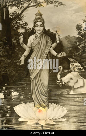 Ancienne photo de lakshmi sur lotus avec éléphant Banque D'Images