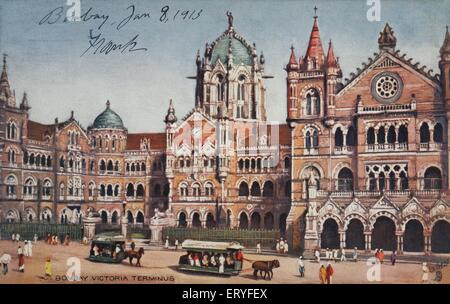 Gare Victoria Terminus VT maintenant CST Chhatrapati Shivaji Maharaj Terminus Bombay Mumbai Maharashtra Inde Asie ancien millésime 1900 main peint Banque D'Images