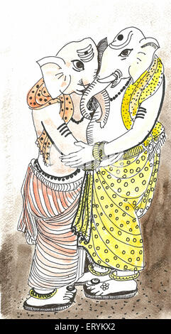 Peinture de 2 Seigneur Ganesha sont étreindre par Arun K Mishra Banque D'Images