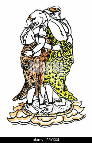 Peinture de 2 Seigneur Ganesha sont Hugging Banque D'Images