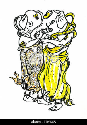 Peinture de 2 Seigneur Ganesha sont Hugging Banque D'Images