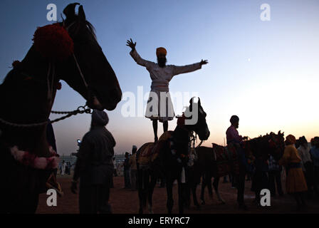 Guerrier sikh Nihang cascades dans les célébrations de la consécration de sikh Guru Granth Sahib ; Nanded Banque D'Images