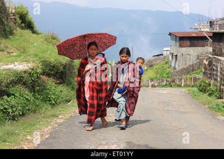 Les femmes tribales de Khasi portant des enfants sur leur dos ; Cherrapunji ; Cherrapunjee ; Sohra ; Meghalaya ; Inde ; Asie Banque D'Images