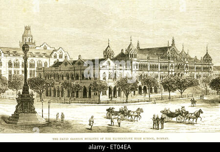 Ancienne gravure vintage 1800s David Sassoon Bâtiment de l'école secondaire Elphinstone Bombay maintenant Mumbai Maharashtra Inde Banque D'Images