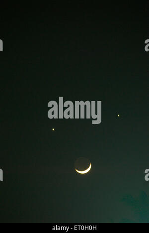 Visage souriant, planètes et conjonction de lune de jupiter et vénus avec croissant de lune, Bombay, Mumbai, Maharashtra, Inde, Asie Banque D'Images