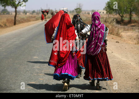 Femmes nomades traditionnelles en robe colorée avec plein de bijoux vus sur la route de Bhopal dans le Madhya Pradesh ; Inde Banque D'Images