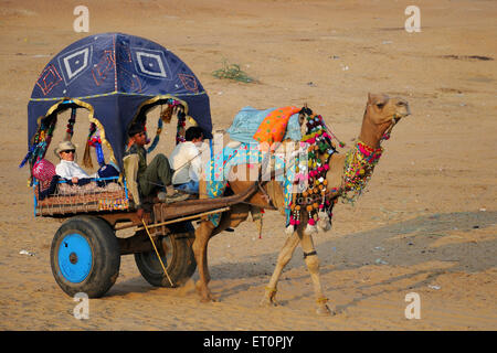 Les personnes voyageant dans panier chameau de Pushkar Rajasthan Inde ; juste ; Banque D'Images