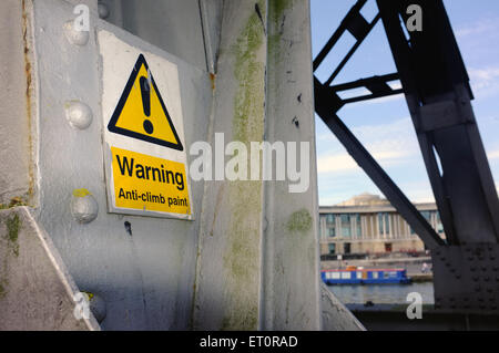 Un panneau d'avertissement sur le côté d'une grue sur le côté de le port de Bristol. Banque D'Images