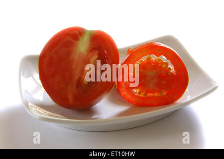 Tomates légumes ; tamatar lycopersicum esculeutum ou Solanum lycopersicum en plaque rectangle sur fond blanc Banque D'Images