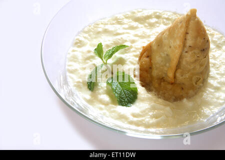 Fast food samosa ; avec caillé et de feuilles de menthe dans un bol sur fond blanc Banque D'Images